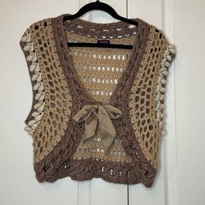 Lulumari Boho Crochet Tie Front Cropped Sweater Vest
